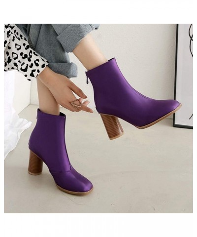 Women Ankle Boots with High Block Heel Purple $10.45 Boots