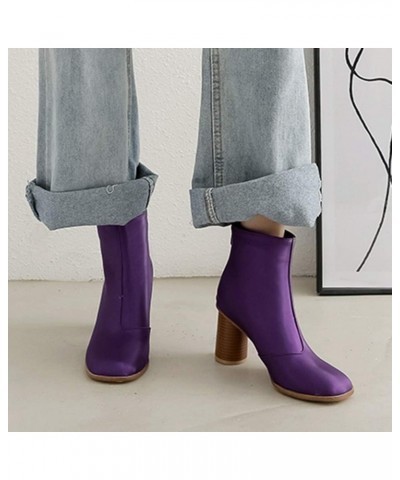 Women Ankle Boots with High Block Heel Purple $10.45 Boots