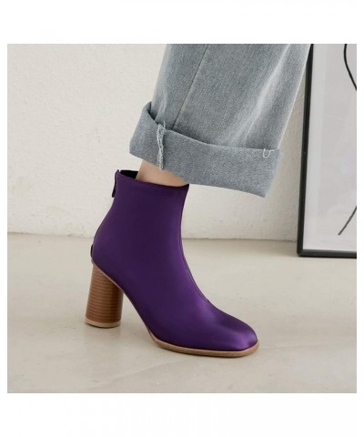 Women Ankle Boots with High Block Heel Purple $10.45 Boots