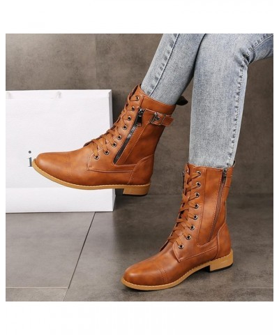 Cowgirl Boots, Women Zipper Chunky Heel Middle Tube Round Toe Boots 01 Brown $22.71 Boots