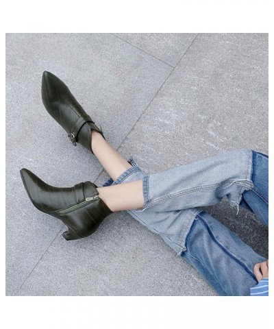 Women's Side Zipper Fashion Ankle Boots Pointed Toe Buckle Strap Kitten Bootie Wedding Braid Short Boots Dark Green $34.56 Boots