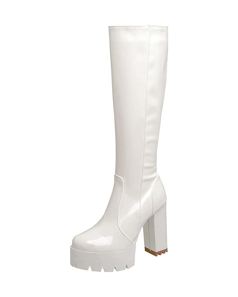 Women Patent Leather Chunky Knee High Platform Boots with Zipper White $29.11 Boots