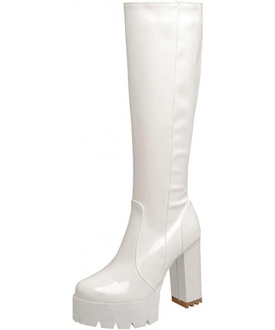 Women Patent Leather Chunky Knee High Platform Boots with Zipper White $29.11 Boots