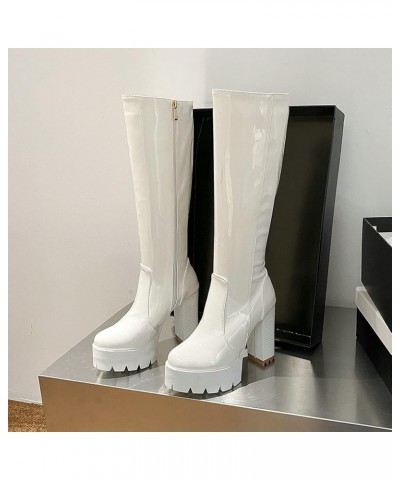 Women Patent Leather Chunky Knee High Platform Boots with Zipper White $29.11 Boots