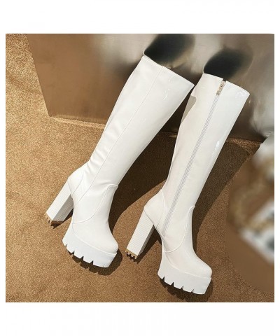 Women Patent Leather Chunky Knee High Platform Boots with Zipper White $29.11 Boots