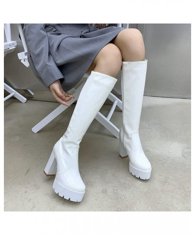 Women Patent Leather Chunky Knee High Platform Boots with Zipper White $29.11 Boots