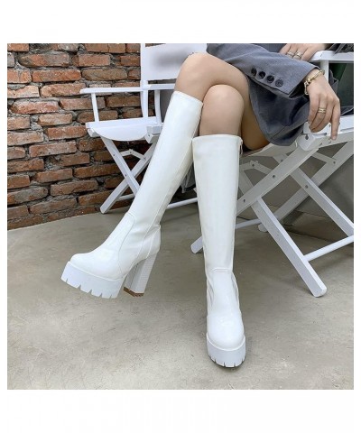 Women Patent Leather Chunky Knee High Platform Boots with Zipper White $29.11 Boots