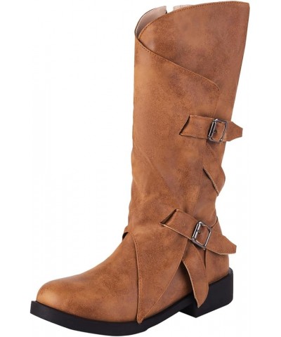 Womens Boots Fall 2023 Leather Mid Calf Boots Chunky Heel Zipper with Buckle Snow Boots Plus Size Cocktail Shoes Brown $24.24...