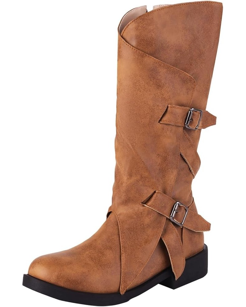 Womens Boots Fall 2023 Leather Mid Calf Boots Chunky Heel Zipper with Buckle Snow Boots Plus Size Cocktail Shoes Brown $24.24...