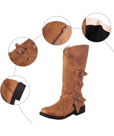 Womens Boots Fall 2023 Leather Mid Calf Boots Chunky Heel Zipper with Buckle Snow Boots Plus Size Cocktail Shoes Brown $24.24...