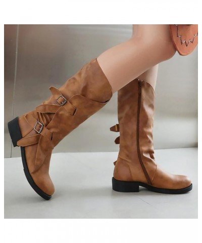 Womens Boots Fall 2023 Leather Mid Calf Boots Chunky Heel Zipper with Buckle Snow Boots Plus Size Cocktail Shoes Brown $24.24...