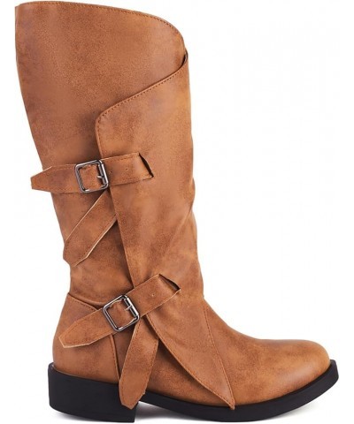 Womens Boots Fall 2023 Leather Mid Calf Boots Chunky Heel Zipper with Buckle Snow Boots Plus Size Cocktail Shoes Brown $24.24...