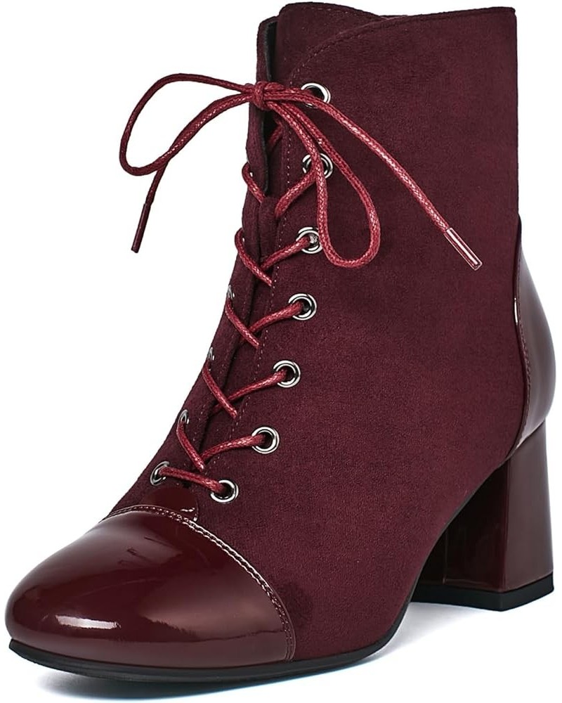 Women's Square Toe Platform Ankle Boots Lace Up Chunky Heel Booties Block Heeled Short Boots Burgundy 2 $26.39 Boots