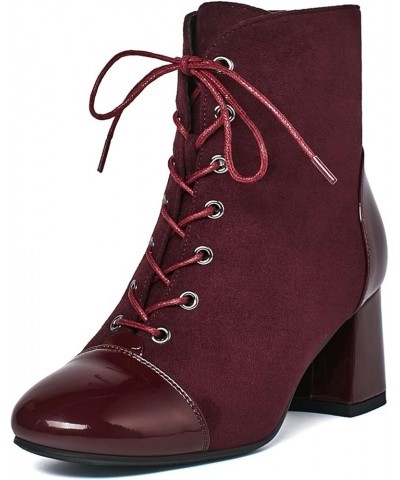 Women's Square Toe Platform Ankle Boots Lace Up Chunky Heel Booties Block Heeled Short Boots Burgundy 2 $26.39 Boots