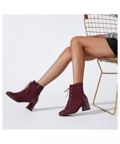 Women's Square Toe Platform Ankle Boots Lace Up Chunky Heel Booties Block Heeled Short Boots Burgundy 2 $26.39 Boots