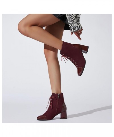 Women's Square Toe Platform Ankle Boots Lace Up Chunky Heel Booties Block Heeled Short Boots Burgundy 2 $26.39 Boots