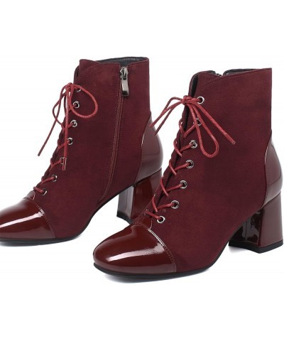 Women's Square Toe Platform Ankle Boots Lace Up Chunky Heel Booties Block Heeled Short Boots Burgundy 2 $26.39 Boots