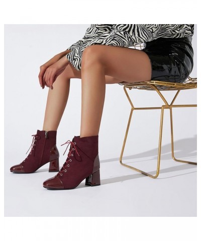 Women's Square Toe Platform Ankle Boots Lace Up Chunky Heel Booties Block Heeled Short Boots Burgundy 2 $26.39 Boots