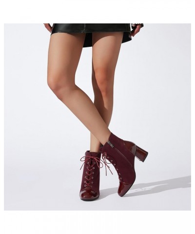 Women's Square Toe Platform Ankle Boots Lace Up Chunky Heel Booties Block Heeled Short Boots Burgundy 2 $26.39 Boots