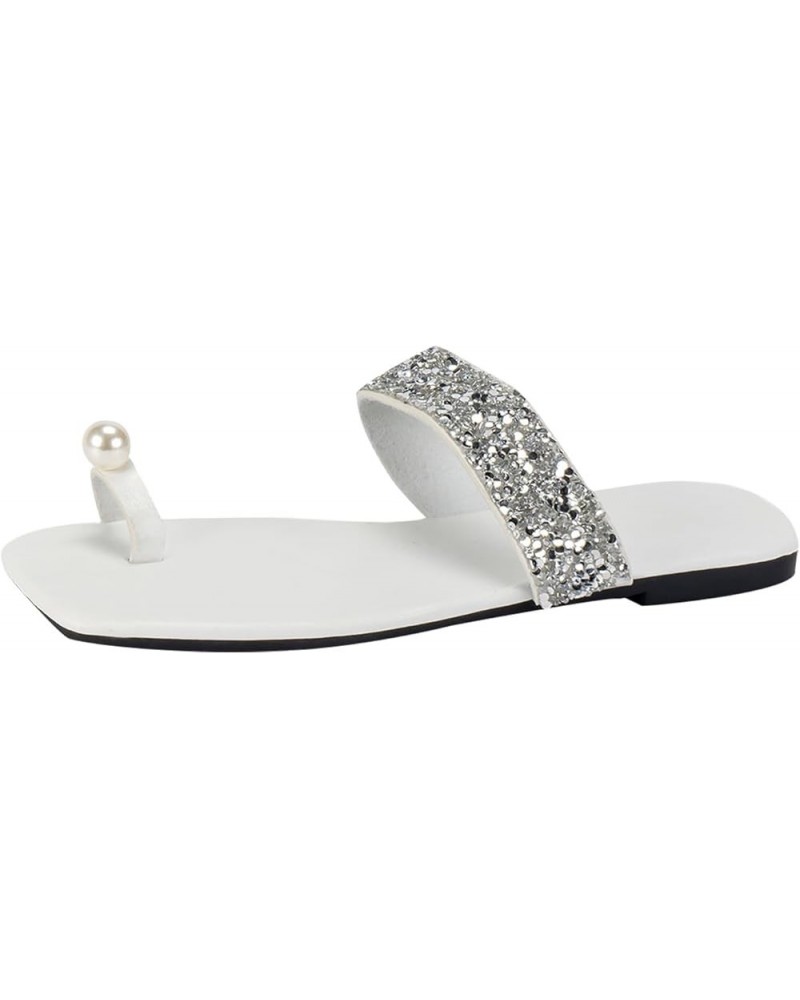 women's sandals Large Size Solid Color Flats Shoes Pearl Rhinestone Pintoe Toe Sandal slippers Party Work Shoe S-298 White $1...