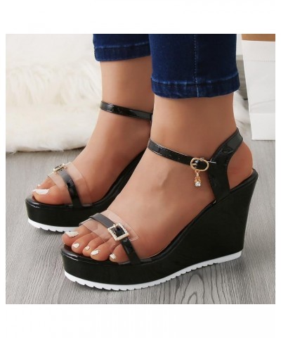 Fish Mouth Slip On Platform Sandals Fashion Summer Women Sandals Wedge Heel Platform Buckle Solid Color Rhinestone Casual (Kh...