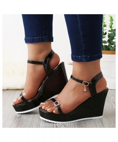 Fish Mouth Slip On Platform Sandals Fashion Summer Women Sandals Wedge Heel Platform Buckle Solid Color Rhinestone Casual (Kh...