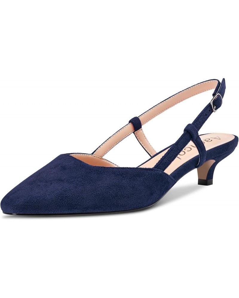 Women Kitten Heel Pumps Square Toe Ankle Strap Slingback Low Heel Dress Shoes Sandals Suede Office Wedding Shopping Navy Blue...