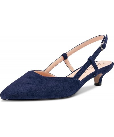 Women Kitten Heel Pumps Square Toe Ankle Strap Slingback Low Heel Dress Shoes Sandals Suede Office Wedding Shopping Navy Blue...