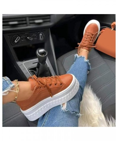 Ladies Fashion Solid Color Leather Round Toe Lace Up Platform Casual Shoes Flat Women Shoes Casual Khaki $13.09 Athletic Shoes