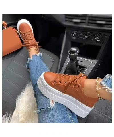 Ladies Fashion Solid Color Leather Round Toe Lace Up Platform Casual Shoes Flat Women Shoes Casual Khaki $13.09 Athletic Shoes