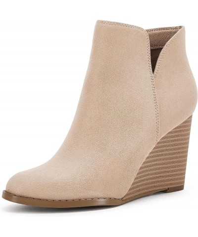 Womens V Cut Wedge Ankle Booties Zip-up Closed Toe Stacked Heel Faux Suede Winter Boots Cream $23.75 Boots