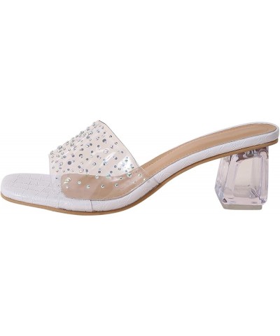 Ladies Transparent PVC Upper Rhinestone Decorative Chunky Heel Sandals Square Head Open Toe Slip on Thick High White 8 $26.67...