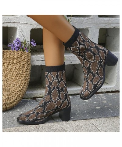 Boots Women Winter Boots Women's Fashion Autumn New Stretch Knitted Mid Calf Fashionable Thick Heel Plush Socks Boots Brown $...