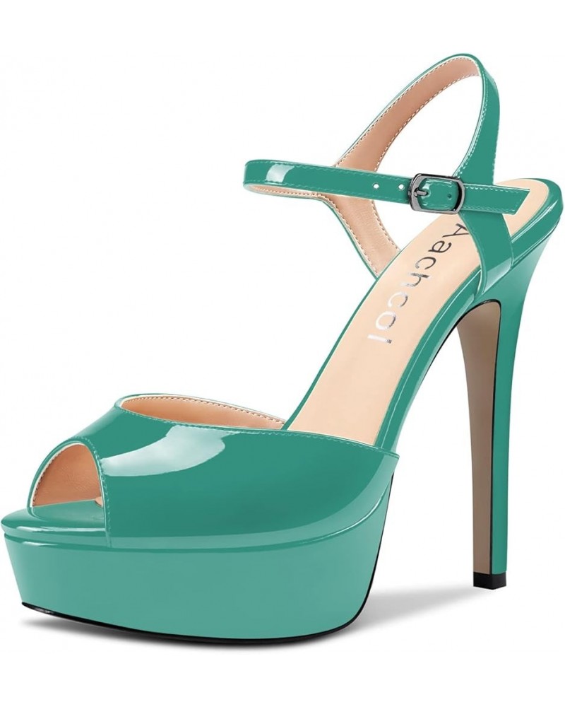 Women Platform Sandals Ankle Strap Peep Open Toe Stiletto High Heel Slingback Dress Shoes 5 Inches Green Emerald Patent $32.3...