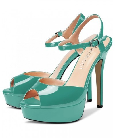 Women Platform Sandals Ankle Strap Peep Open Toe Stiletto High Heel Slingback Dress Shoes 5 Inches Green Emerald Patent $32.3...