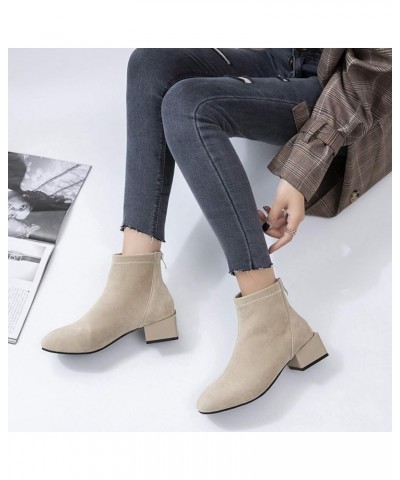 Women's Mid-Heel Square Heel Ankle Booties Square Toe Back Zipper Anti Slip Casual Booties Beige $28.00 Boots