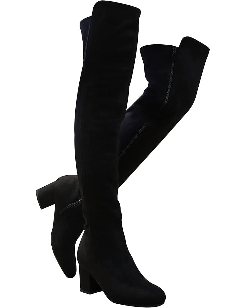 Women's Over The Knee Boot Thigh High Block Heel Stretch Boots Fashion Side Zip Almond Toe Winter Booties Black Faux Suede V2...