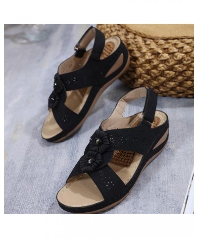 Women Fashion Floral Walking Sandals Orthotic Slip On Lightweight Athletic Sandals Cork Wedge Sandals With Arch Support Black...