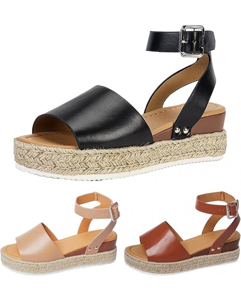 Platform Sandals for Women Dressy Summer Womens Espadrilles Buckle Ankle Strap Leather Raffia Sandals Black Sandals Wedges fo...