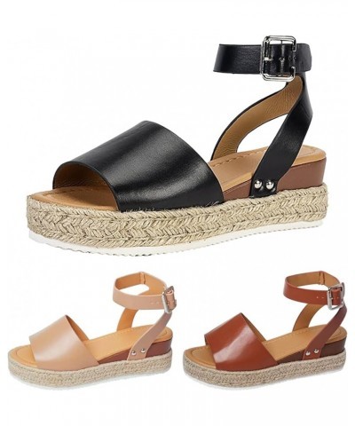 Platform Sandals for Women Dressy Summer Womens Espadrilles Buckle Ankle Strap Leather Raffia Sandals Black Sandals Wedges fo...