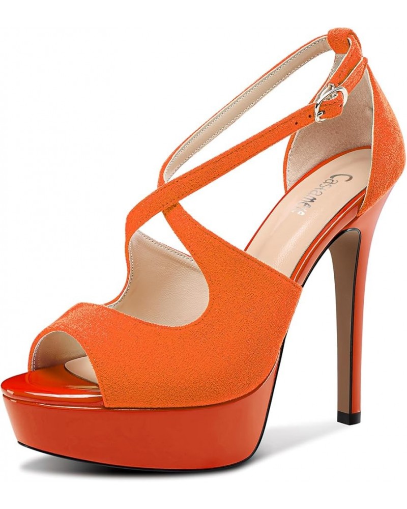 Womens High Platform Stiletto Heel Peep Open Toe Sandals Cross-Strap Two-Piece Patchwork Prom Dress 5.1 Inches Heels Orange $...