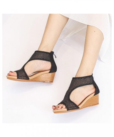 Fashion Spring Summer Women Sandals Medium Heel Wedge Solid Mesh Breathable and Comfortable Back Strap Slip On Roman Style Sh...