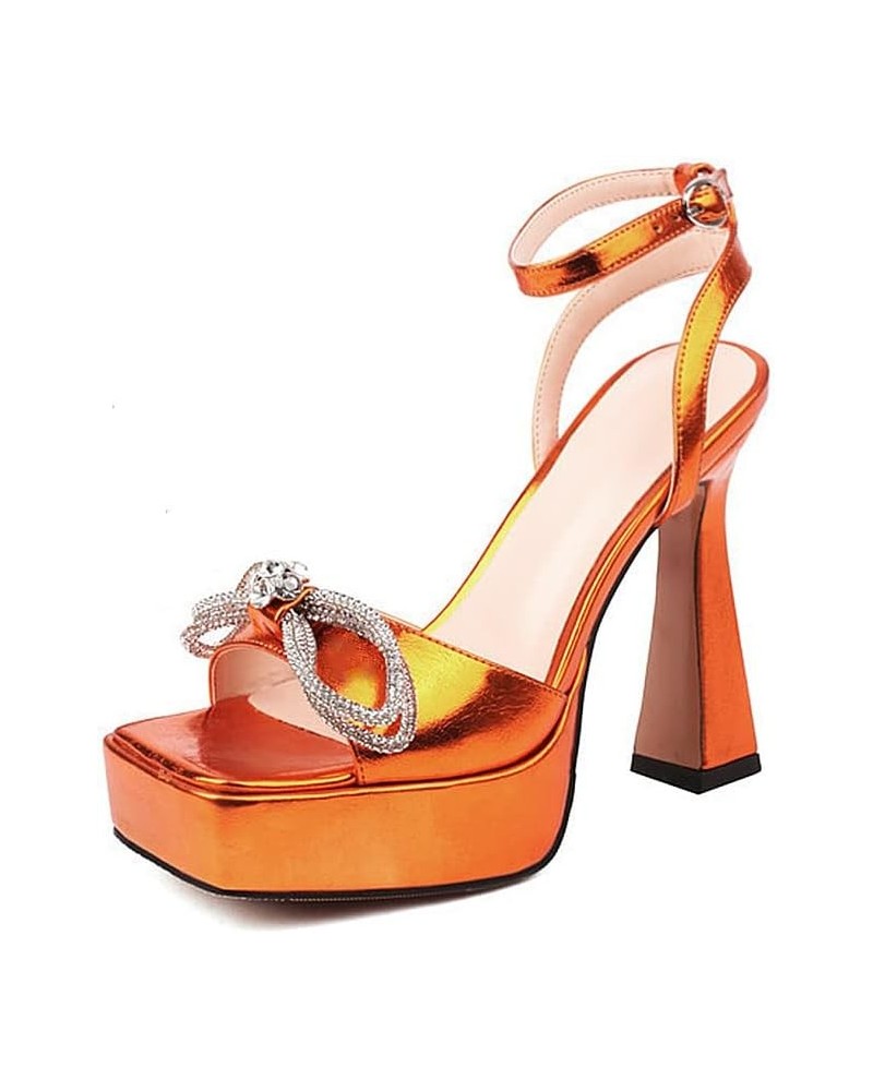 Women's Platform Chunky Heel Sandals Square Toe Rhinestone Bow Heels Ankle Strap Orange $32.15 Sandals