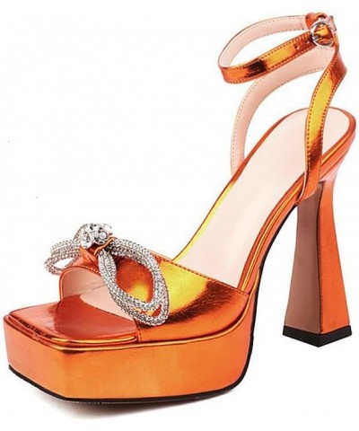 Women's Platform Chunky Heel Sandals Square Toe Rhinestone Bow Heels Ankle Strap Orange $32.15 Sandals