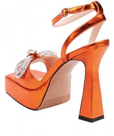 Women's Platform Chunky Heel Sandals Square Toe Rhinestone Bow Heels Ankle Strap Orange $32.15 Sandals