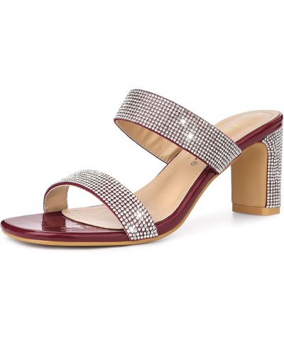 Women's Rhinestone Chunky Heel Slide Heel Sandals Burgundy $22.67 Sandals