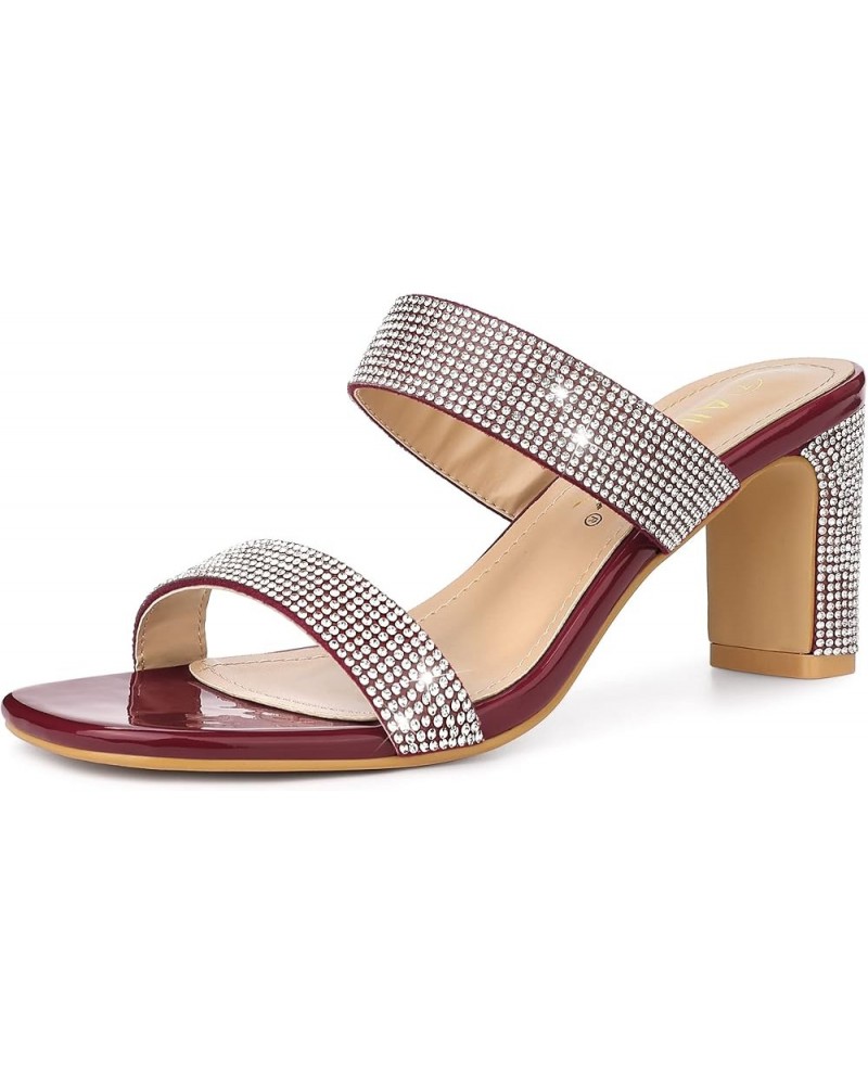 Women's Rhinestone Chunky Heel Slide Heel Sandals Burgundy $22.67 Sandals