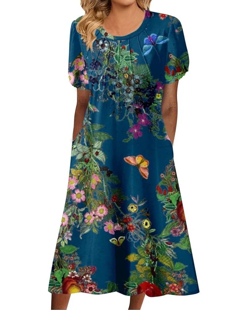 Women's Casual Floral Print Round Neck Lace Split Short Sleeve Dress Pocket Long Dress Dark Blue- Dresses for Women 2024 Part...