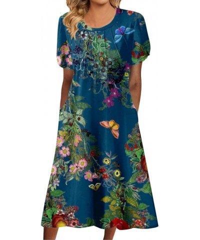 Women's Casual Floral Print Round Neck Lace Split Short Sleeve Dress Pocket Long Dress Dark Blue- Dresses for Women 2024 Part...