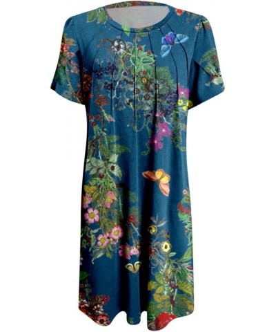 Women's Casual Floral Print Round Neck Lace Split Short Sleeve Dress Pocket Long Dress Dark Blue- Dresses for Women 2024 Part...